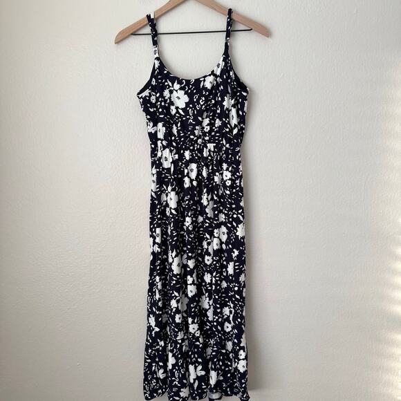 French Grey Womens Blue White Midi Dress Trumpet Flowy Elegant Strap Size Medium - Picture 8 of 11